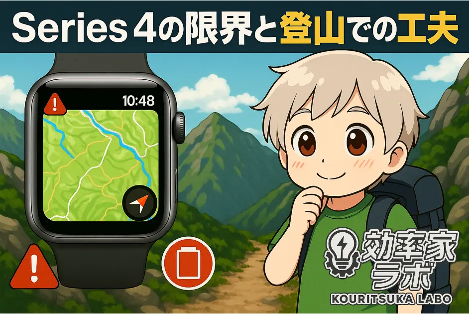 Apple Watch Series 4の画面と岩場の登山道｜登山中のバッテリーや視認性の限界に直面する様子