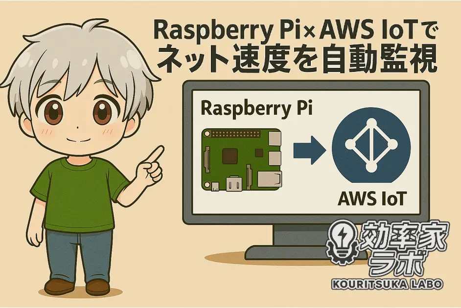 Raspberry PiとAWS IoTを使ってネット速度を監視する仕組みを紹介するイラスト。筆者キャラがモニターを指差しながら説明している。