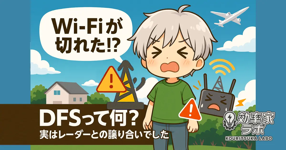 Wi-Fiルーターと気象レーダーの電波が干渉するイメージ図。DFSで周波数を切り替える様子を視覚化。