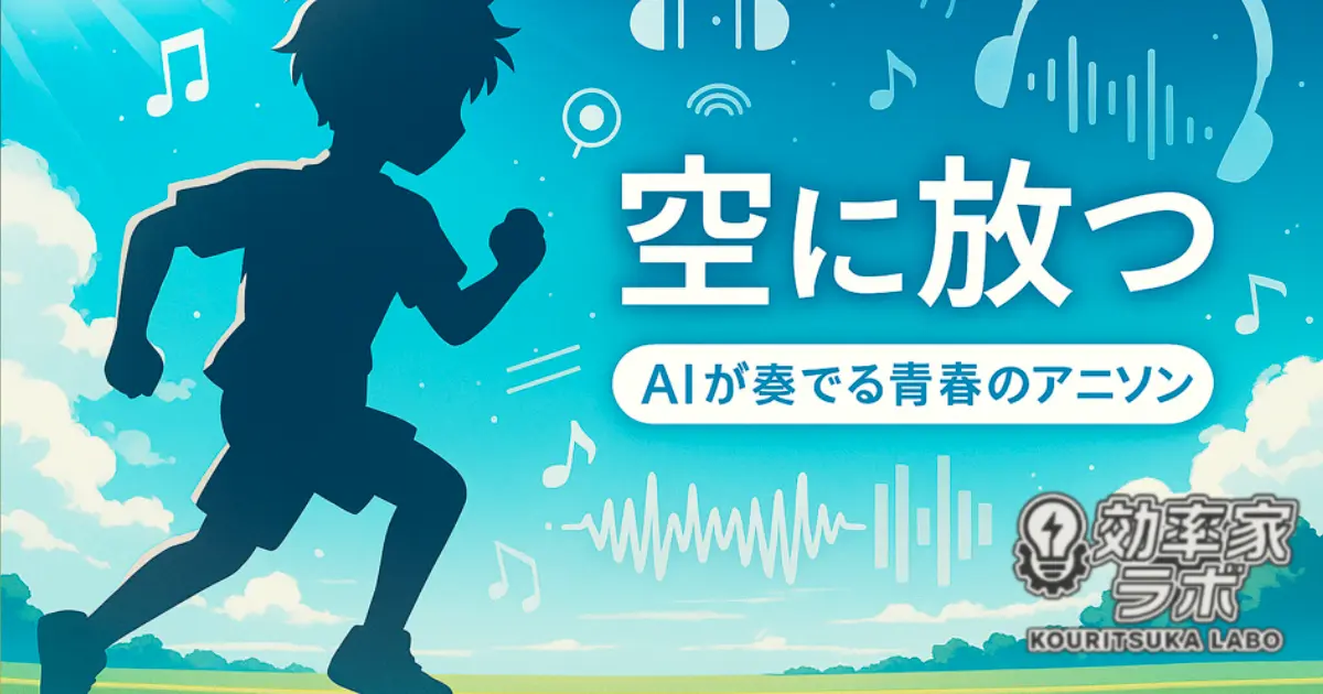 青空の下を走る少年のシルエットと音楽モチーフのイラスト｜Sunoで作成したアニソンのイメージ画像