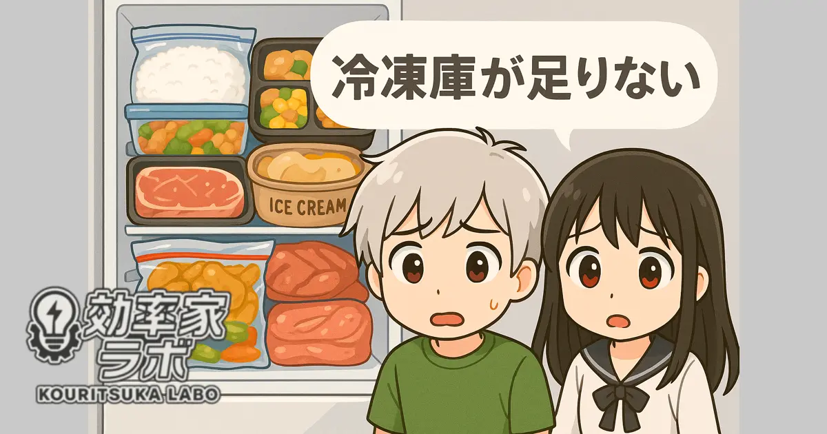 共働き夫婦が冷凍庫を覗き込み、詰め込みすぎた冷凍食品に困っている様子のイラスト
