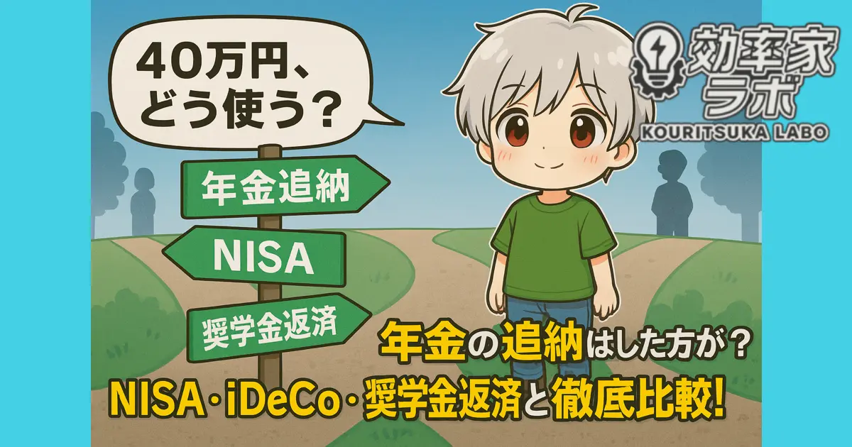 「年金の追納、NISA、iDeCo、奨学金返済のどれを選ぶか悩む人の分かれ道イラスト」