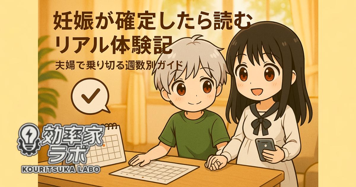 妊娠が確定した夫婦が手を取り合い、カレンダーとスマホアプリを確認しながら笑顔で過ごす様子のイラスト