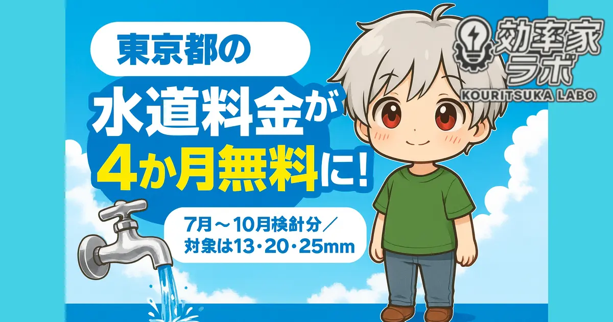 東京都の水道料金が2025年夏に基本料金無料になることを伝えるアイキャッチ画像。蛇口から水が出ている写真と青空の背景。