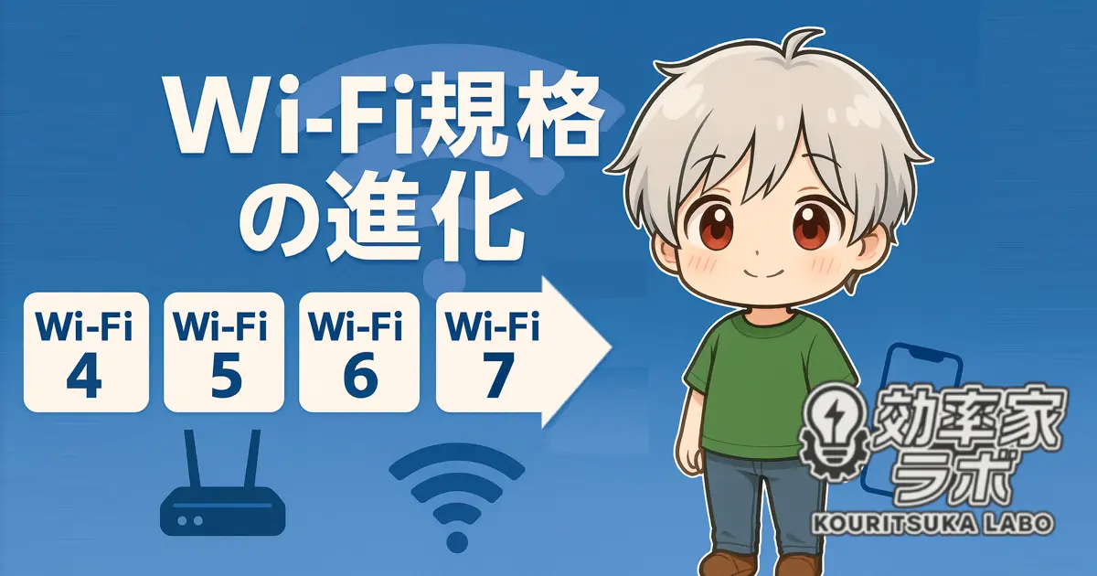 Wi‑Fi規格の進化を示すイラスト。Wi‑Fi 4〜7の流れをキャラクターと電波アイコンで図解。