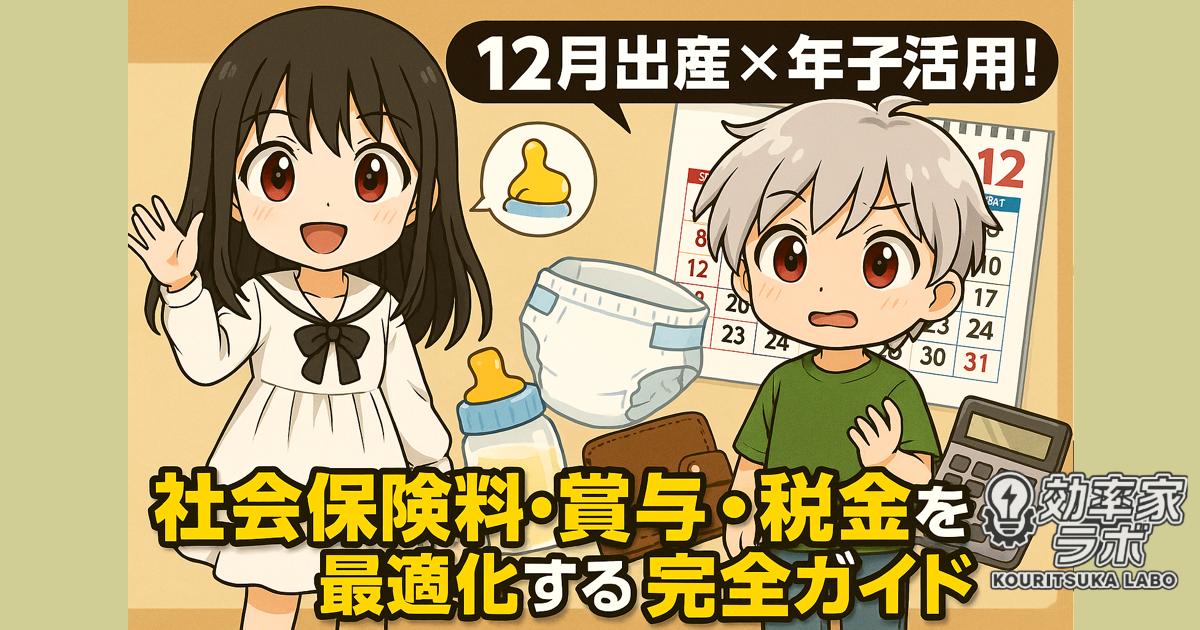 12月のカレンダーの上に置かれた哺乳瓶、財布、電卓。育休や節約戦略をイメージ。