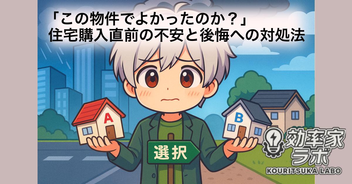 家の選択に悩む男性が、2つの物件ミニチュアを見比べながら迷っている様子。都会と郊外の背景が対比されたイメージ。