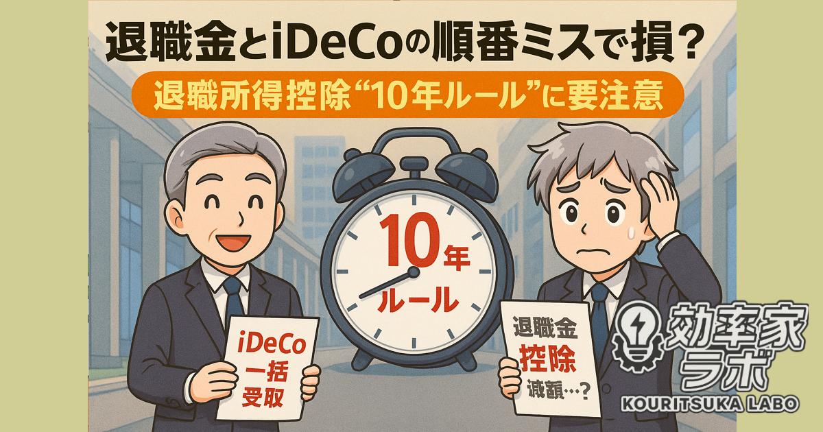 iDeCoと退職金の受け取り時期に悩むスーツ姿の男性と「10年ルール」の文字