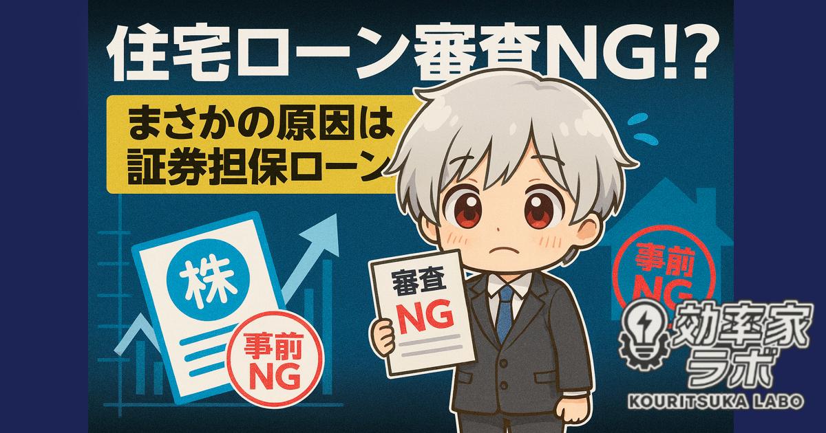 証券担保ローンが原因で住宅ローンの事前審査に落ちたことに困惑するチビキャラ風のスーツ姿の男性イラスト