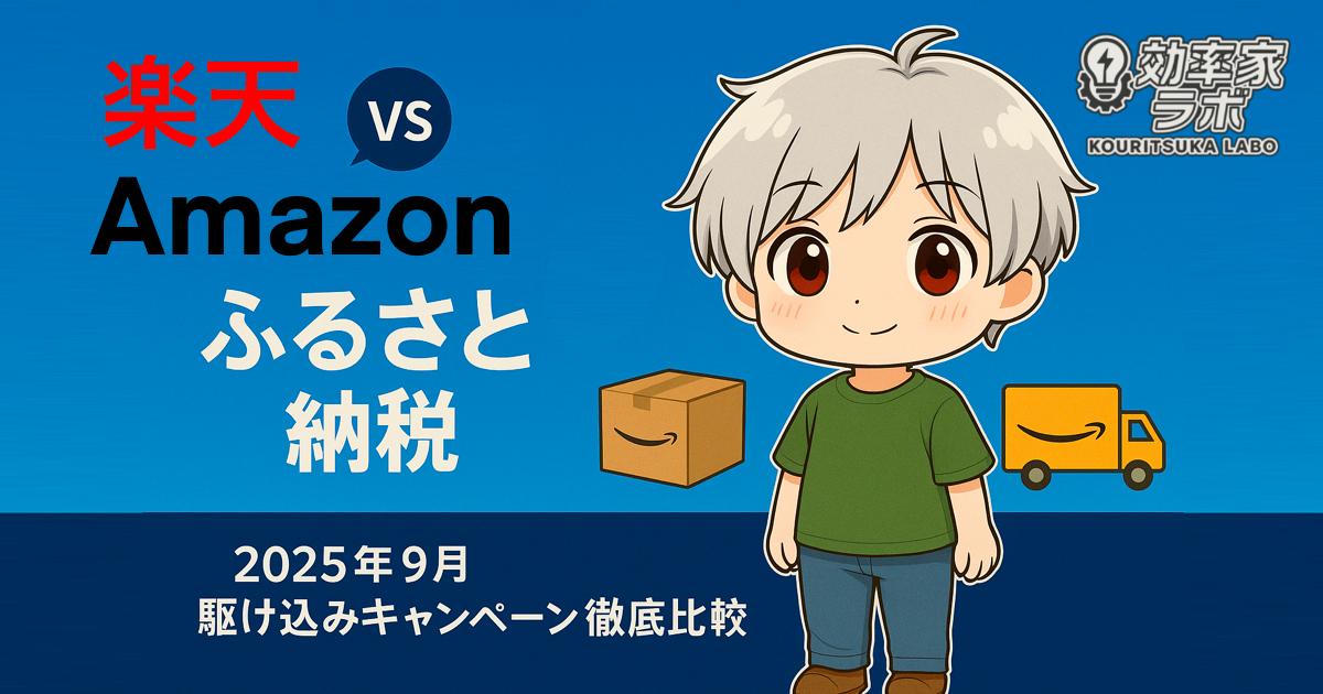 楽天とAmazonふるさと納税の2025年9月キャンペーン比較を示すアイキャッチ画像。