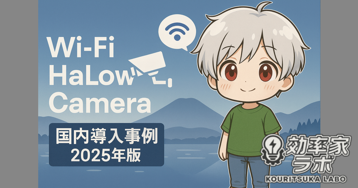 Wi-Fi HaLow カメラ国内導入事例の記事アイキャッチ画像。湖と監視カメラをモチーフにした未来的デザイン