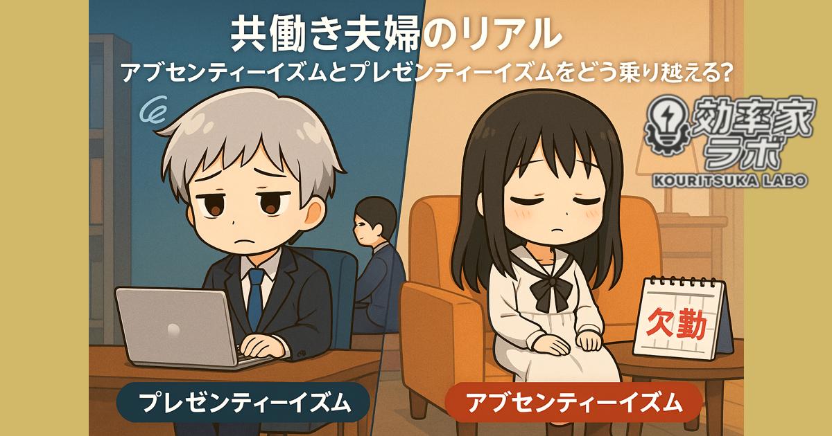 共働き夫婦のアブセンティーイズムとプレゼンティーイズムを表現したイラスト。体調不良で休む妻と、疲れながら出勤する夫。