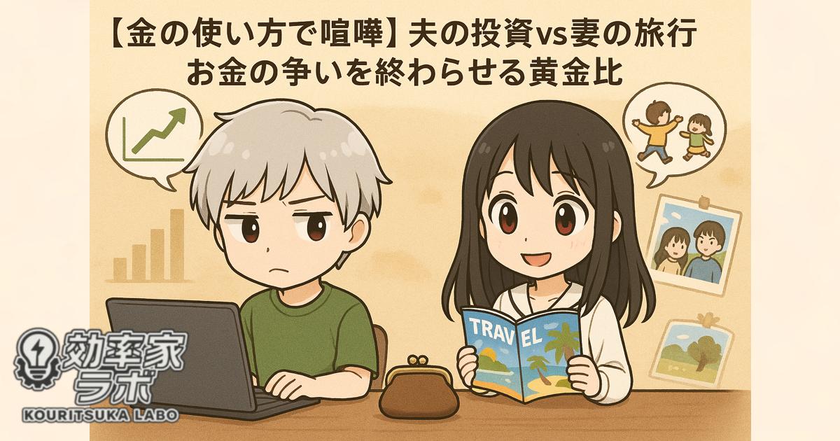 投資に熱中する夫と旅行を計画する妻が家計簿を挟んで話し合う様子、夫婦のお金の使い方と価値観の違いを象徴