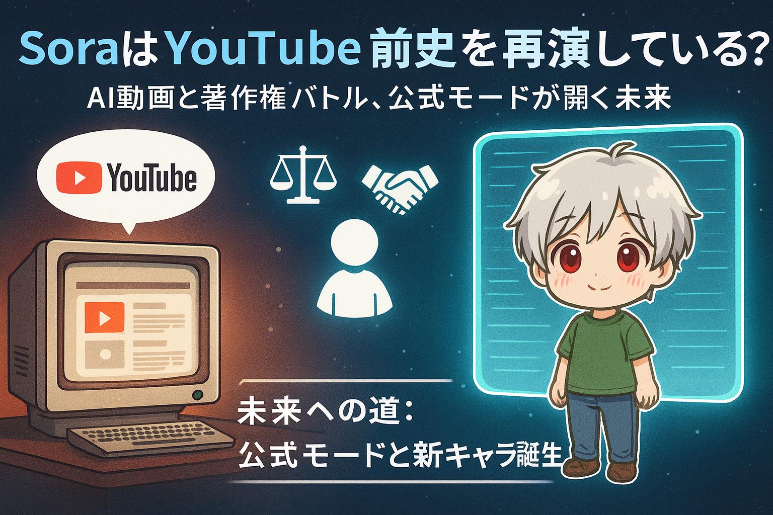 YouTube初期のレトロな画面とSoraの未来的なホログラム映像を対比し、中央に著作権・契約・クリエイターのアイコン、右下にチビキャラを配置したアイキャッチ