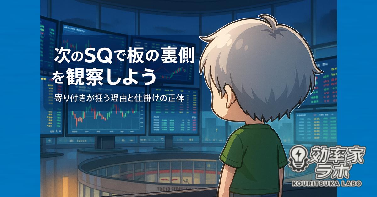 SQ前の寄り付き直前、ディーリングルームのモニターに板情報が並び、アニメ調の青年が市場を観察している様子