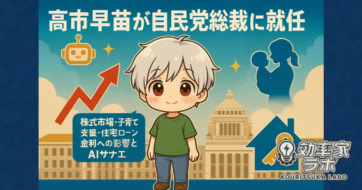 「高市早苗総裁就任の影響を象徴するアイキャッチ画像。国会議事堂を背景に、株価チャート、子育て親子、住宅ローンの家と鍵、AIロボット、筆者キャラクターが配置されたイラスト」