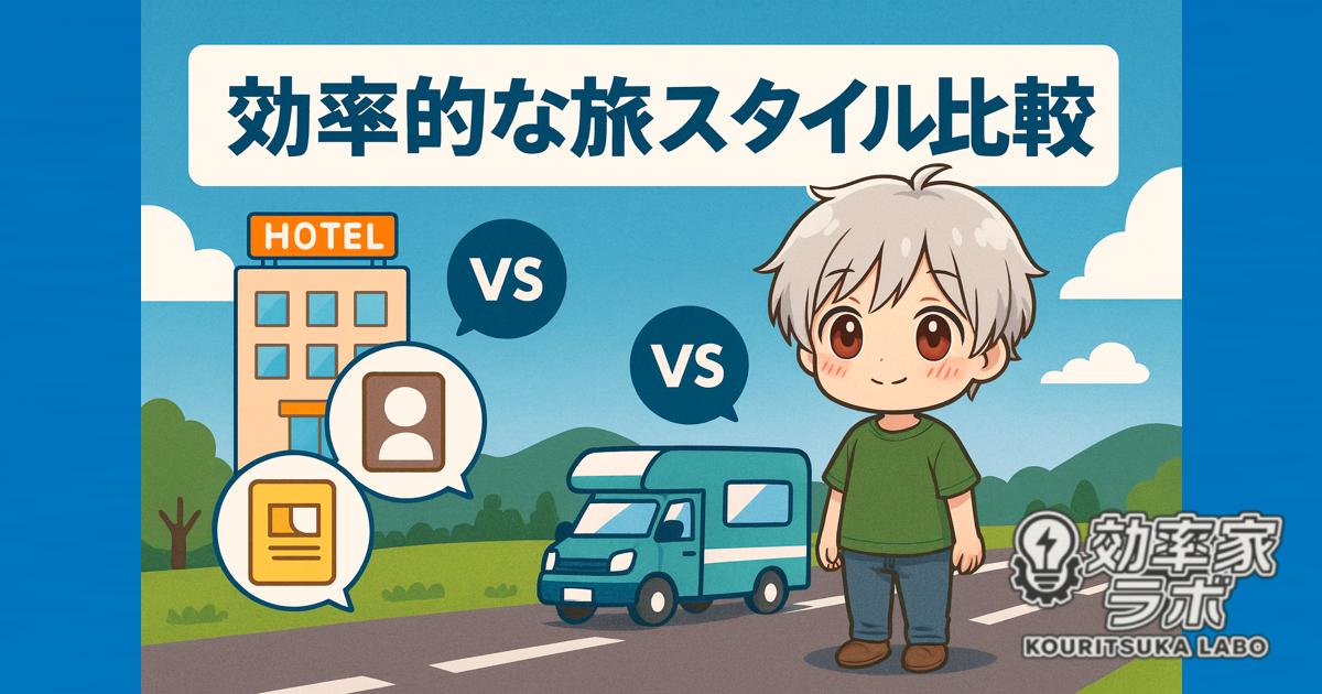 効率的な旅スタイルを比較するイメージ。レンタカーや格安宿、カプセルホテル、キャンピングカーを並べ、キャラクターが旅の選択肢を案内している。