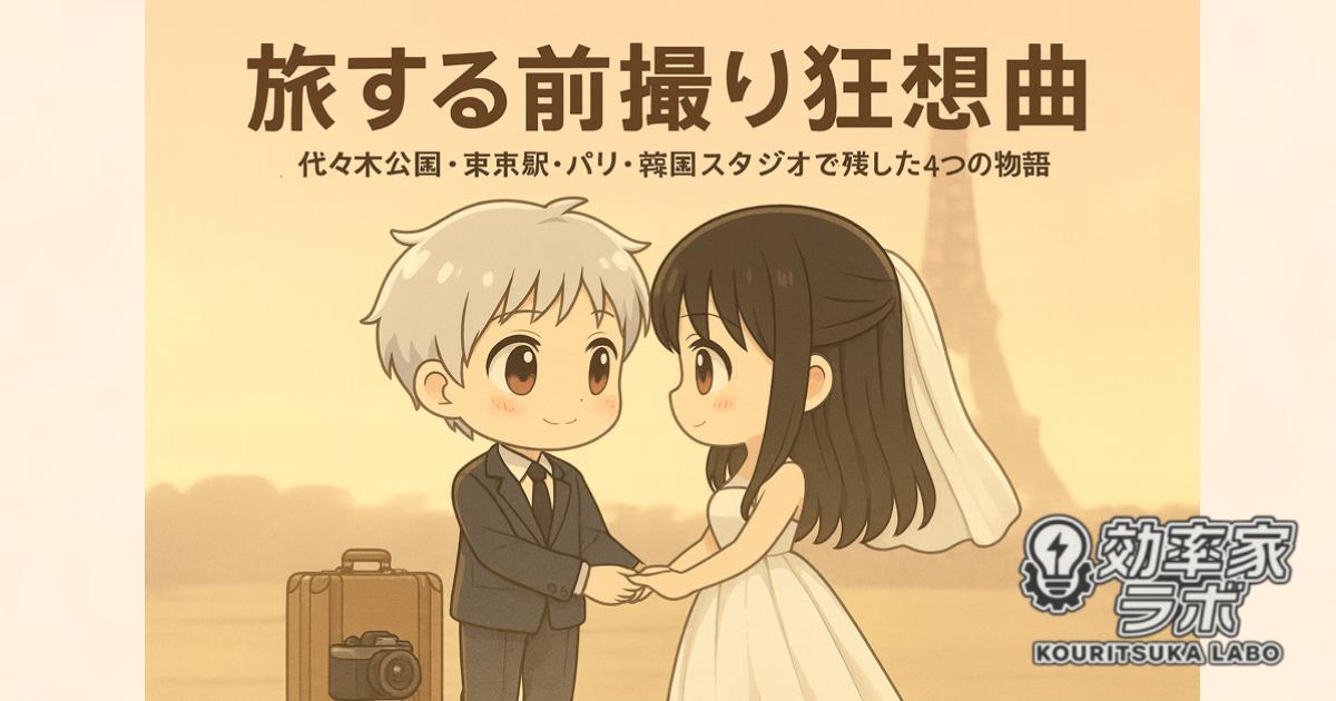 パリの夜明けに手を取り合う新郎新婦。背景に代々木公園・東京駅・韓国スタジオの情景が重なり、“旅する前撮り”を象徴する一枚。